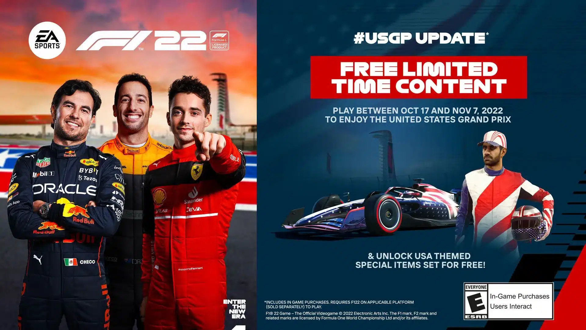 USGP 比赛期间的 F1 22 免费比赛周末 10 月 20 日至 10 月 24 日；新化妆品现已上市